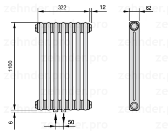 Схема (чертеж) Радиатор Zehnder Charleston 2110/7 №3470 Белый глянцевый RAL 9016